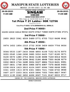 Manipur Lottery Result today 26/09/2023 singam 11:00 Am pdf download