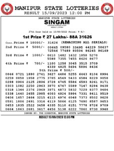 Manipur Lottery Result today 15/09/2023 singam 12pm pdf download