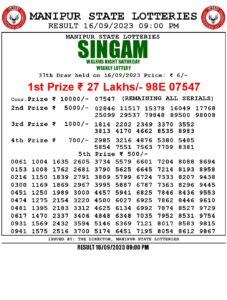 Manipur Lottery Result today 16/09/2023 singam 9pm pdf download