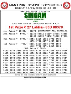 Manipur Lottery Result today 17/09/2023 singam 4pm pdf download