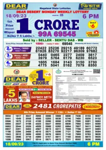 Dear Lottery Result Today 6pm 18/09/20223 Nagaland State lottery result pdf