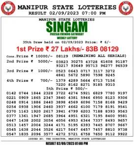 Manipur Lottery Result today 02/09/2023 singam 7pm pdf download