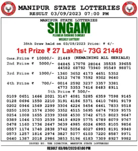 Manipur Lottery Result today 03/09/2023 singam 7pm pdf download