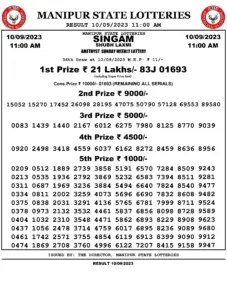 Manipur Lottery Result today 10/09/2023 singam 11:00 Am pdf download