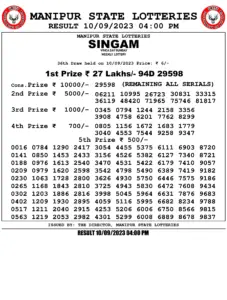 Manipur Lottery Result today 10/09/2023 singam 4pm pdf download