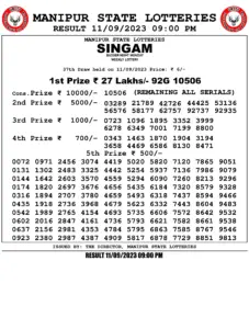 Manipur Lottery Result today 11/09/2023 singam 9pm pdf download