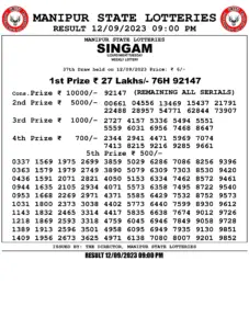 Manipur Lottery Result today 12/09/2023 singam 9pm pdf download