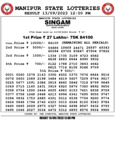 Manipur Lottery Result today 13/09/2023 singam 12pm pdf download