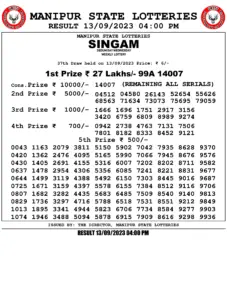 Manipur Lottery Result today 13/09/2023 singam 4pm pdf download
