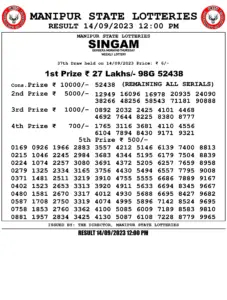 Manipur Lottery Result today 14/09/2023 singam 12pm pdf download