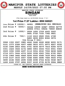 Manipur Lottery Result today 14/09/2023 singam 7pm pdf download