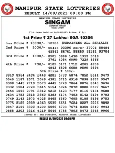 Manipur Lottery Result today 14/09/2023 singam 9pm pdf download