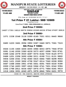 Manipur Lottery Result today 15/09/2023 singam 11:00 Am pdf download