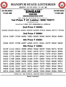 Manipur Lottery Result today 23/09/2023 singam 11:00 Am pdf download