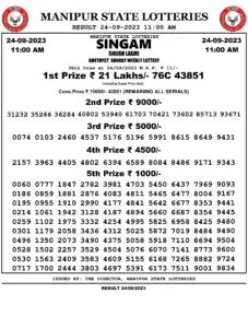 Manipur Lottery Result today 24/09/2023 singam 11:00 Am pdf download