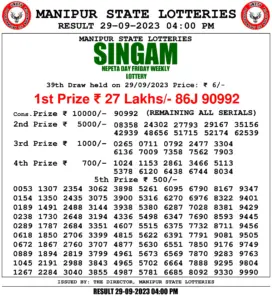Manipur Lottery Result today 29/09/2023 singam 4pm pdf download