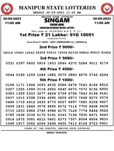 Manipur Lottery Result today 30/09/2023 singam 11:00 Am pdf download