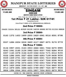 Manipur Lottery Result today 03/09/2023 singam 11:00 Am pdf download