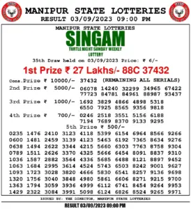 Manipur Lottery Result today 03/09/2023 singam 9pm pdf download