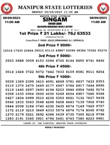 Manipur Lottery Result today 06/09/2023 singam 11:00 Am pdf download