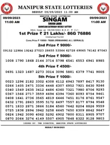 Manipur Lottery Result today 09/09/2023 singam 11:00 Am pdf download
