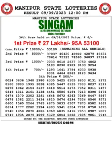 Manipur Lottery Result today 09/09/2023 singam 12pm pdf download