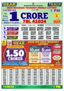 Dear Lottery Results 01:00 Pm 14/09/2023 Morning Nagaland State Lottery Result Pdf Download