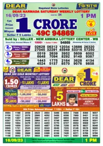 Dear Lottery Results 01:00 Pm 16/09/2023 Morning Nagaland State Lottery Result Pdf Download