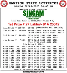 Manipur Lottery Result today 02/09/2023 singam 4pm pdf download