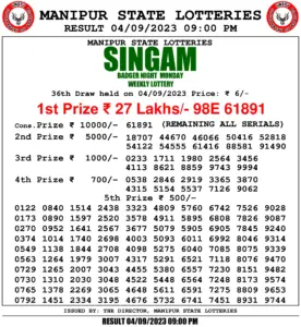 Manipur Lottery Result today 04/09/2023 singam 9pm pdf download