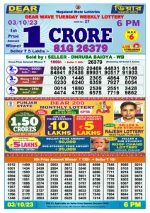 Dear Lottery Result Today 6pm 03/10/20223 Nagaland State lottery result pdf