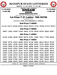 Manipur Lottery Result today 11/10/2023 singam 11:00 Am pdf download