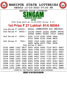 Manipur Lottery Result today 13/10/2023 singam 7pm pdf download