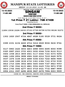Manipur Lottery Result today 13/10/2023 singam 11:00 Am pdf download