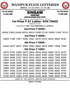 Manipur Lottery Result today 14/10/2023 singam 11:00 Am pdf download