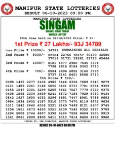 Manipur Lottery Result today 06/10/2023 singam 9pm pdf download