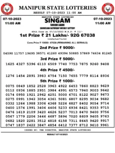 Manipur Lottery Result today 07/10/2023 singam 11:00 Am pdf download
