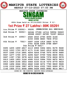 Manipur Lottery Result today 07/10/2023 singam 7pm pdf download