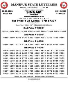 Manipur Lottery Result today 09/10/2023 singam 11:00 Am pdf download