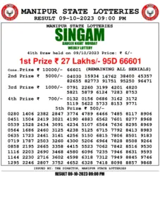Manipur Lottery Result today 09/10/2023 singam 9pm pdf download